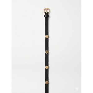 Belt Womens One Size Black Leather Floral Rose Medallion Skinny Gold Tone